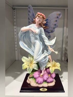 Fairy Figurine with Lavender Wings and Floral Base